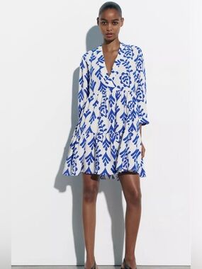 Zara Blue and White Floral Cotton Dress